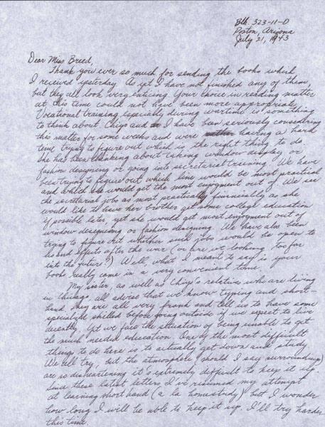 [Letter to Clara Breed from Fusa Tsumagari, Poston, Arizona, July 21, 1943]