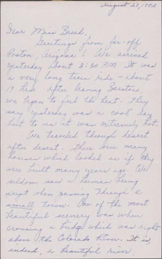 [Letter to Clara Breed from Louise Ogawa, Poston, Arizona, August 27, 1942]