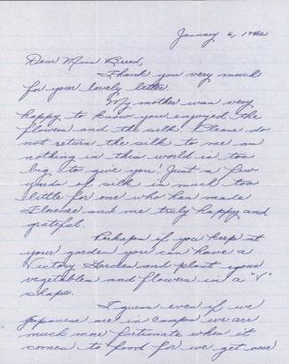 [Letter to Clara Breed from Margaret Ishino, Poston, Arizona, January 6, 1942]