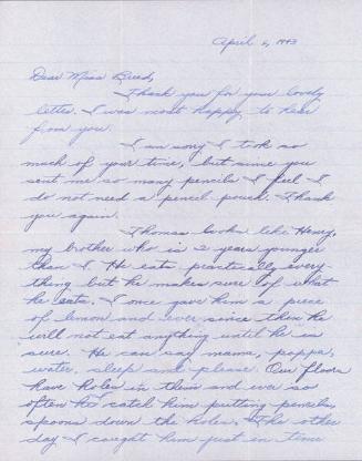 [Letter to Clara Breed from Margaret Ishino, Poston, Arizona, April 6, 1943]