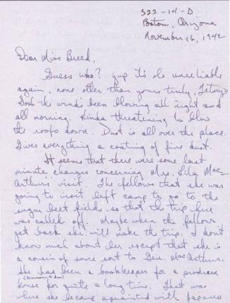 [Letter to Clara Breed from Tetsuzo (Ted) Hirasaki, Poston, Arizona, November 16, 1942]