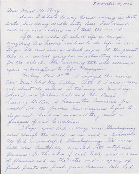 [Letter to Helen McNary from Louise Ogawa, Poston, Arizona, November 30, 1942]