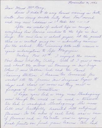 [Letter to Helen McNary from Louise Ogawa, Poston, Arizona, November 30, 1942]
