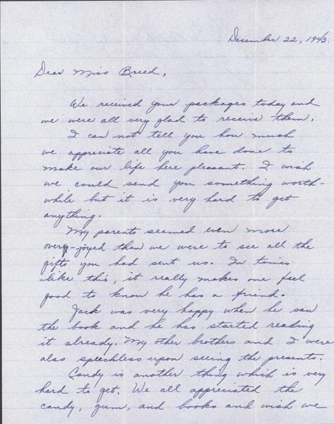 [Letter to Clara Breed from Hisako Watanabe, Poston, Arizona, December 22, 1943]