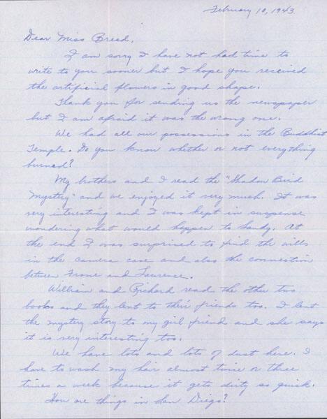 [Letter to Clara Breed from Hisako and Jack Watanabe, Poston, Arizona, February 10, 1943]