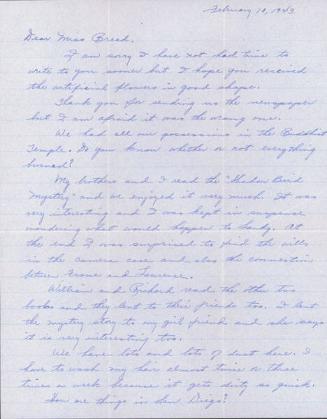 [Letter to Clara Breed from Hisako and Jack Watanabe, Poston, Arizona, February 10, 1943]