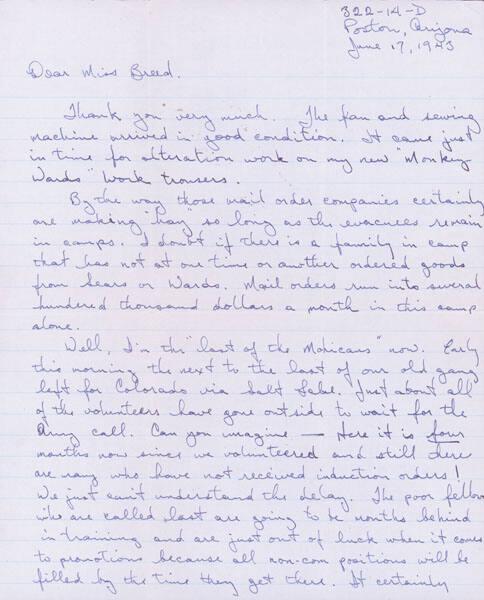 [Letter to Clara Breed from Tetsuzo (Ted) Hirasaki, Poston, Arizona, June 17, 1943]