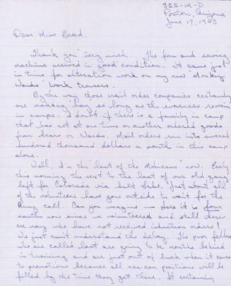 [Letter to Clara Breed from Tetsuzo (Ted) Hirasaki, Poston, Arizona, June 17, 1943]