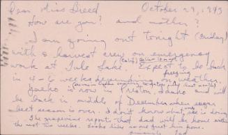 [Postcard to Clara Breed from Tetsuzo (Ted) Hirasaki, Poston, Arizona, October 29, 1943]