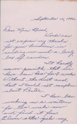 [Letter to Clara Breed from Margaret and Florence Ishino, Poston, Arizona, September 15, 1942]