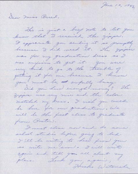 [Letter to Clara Breed from Hisako Watanabe, Poston, Arizona, June 10, 1943]