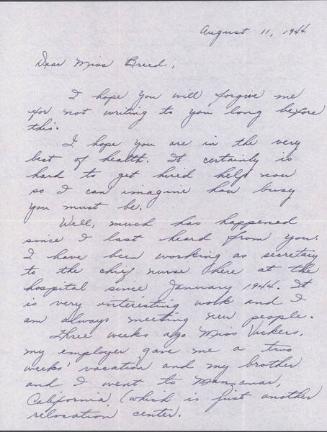 [Letter to Clara Breed from Hisako Watanabe, Poston, Arizona, August 11, 1944]