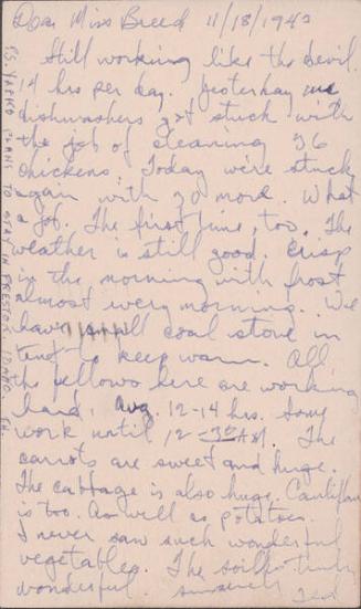 [Postcard to Clara Breed from Tetsuzo (Ted) Hirasaki, Newell, California, November 11, 1943]