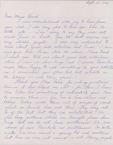 [Letter to Clara Breed from Louise Ogawa, Poston, Arizona, September 27, 1942]