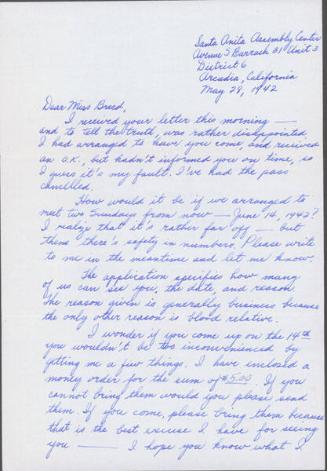 [Letter to Clara Breed from Fusa Tsumagari, Arcadia, California, May 28, 1942]
