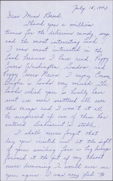 [Letter to Clara Breed from Louise Ogawa, Arcadia, California, July 15, 1942]