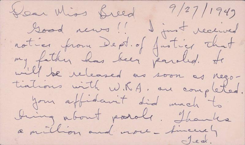 [Postcard to Clara Breed from Tetsuzo (Ted) Hirasaki, Poston, Arizona, September 27, 1943]
