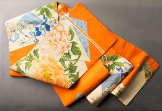 [Double-sided obi with peony design on orange background and blue flower design on light blue, 193-]