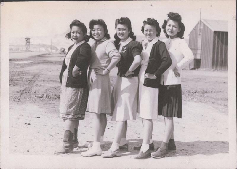 [L.A. girls and guard tower, Heart Mountain, Wyoming,