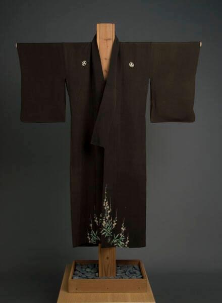 Dark brown chirimen montsuki kimono with shochikubai design