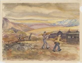 Sept 26 42, Wood for tables and chairs : Japanese Relocation Center, Heart Mountain, Wyo.