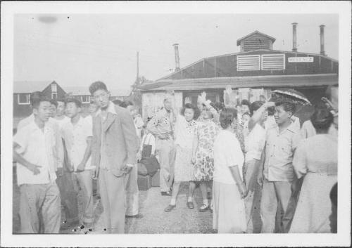 [Crowd gathered in front of Mess hall no. 2, Rohwer, Arkansas]