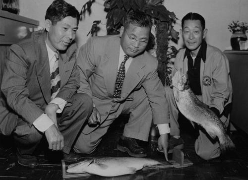 [Dr. Kato, Frank Hirohata and Mr. Takeshita of Sunrise Angling Club, Los Angeles, California, May 28, 1951]