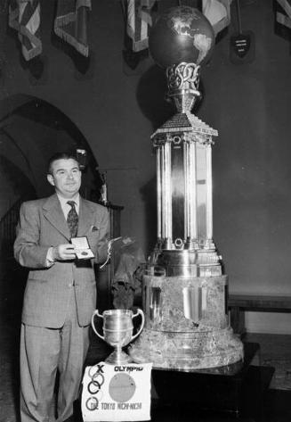 [Hironshin Furuhashi's world record trophy and swim trunks at the Helms Foundation, Culver City, February 10, 1950]