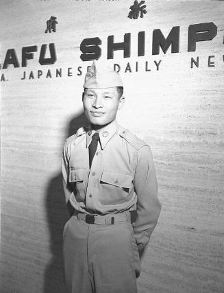 [Kawaguchi in front of Rafu Shimpo, Los Angeles, California, July 5, 1951]