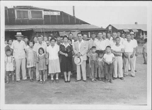 [Large group of people standing in front of mess hall 3, Rohwer, Arkansas, 1942-1945]