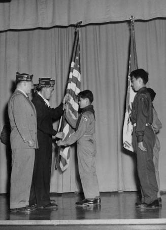 [Maryknoll Boy Scout Troop #145 receiving new colors, Los Angeles, Califiornia, October 17, 1951]