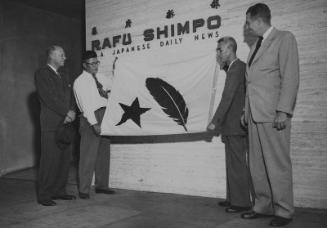 [Rafu Shimpo awarded Community Chest Red Feather flag, Los Angeles, California, November 7, 1951]