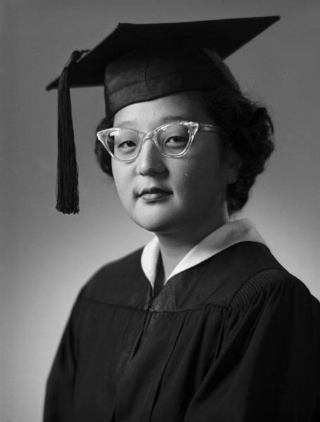 [Jean Aoki in graduation cap and gown, head and shoulder portrait, Los Angeles, California, June 10, 1953]