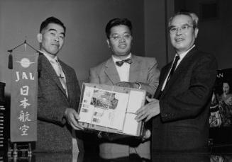 [Mr. Uyeno and Glen Seno at Japan Air Lines office, California, May 19, 1955]