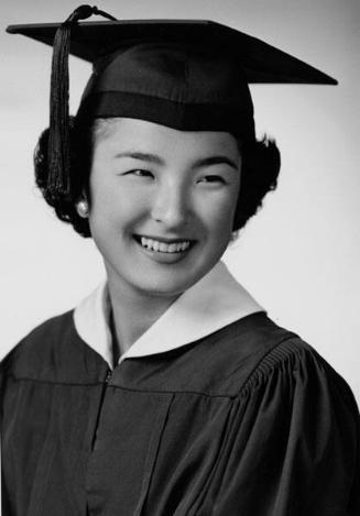 [Joyce Takeuchi in cap and gown, head and shoulder portrait, Los Angeles, California, June 4, 1955]