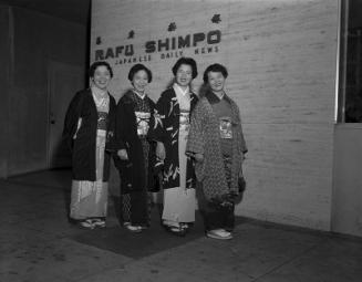 [Female manzai group from Japan in front of Rafu Shimpo, Los Angeles, California, January 1956]
