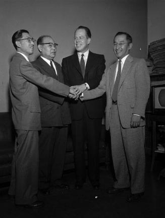[Chinese American and Japanese American Republican leaders meet  for a news conference with Senator Thomas H. Kuchel of Anaheim, California, February 15, 1956]