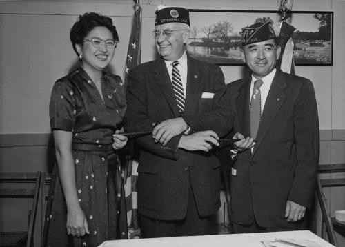 [Installation of American Legion Commodore Perry Post 525 commander and Auxiliary president, Los Angeles, California, June 5, 1956]