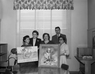 [Coliseum Street School PTA Safety Poster contest winner, Marci Yamaguchi, with Mrs. Eleanor Kondo, Los Angeles, California, March 7, 1957]
