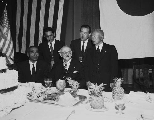 [Dr. Frank Buchman honored at Moral Re-armament (MRA) party, Los Angeles, California, March 20, 1957]