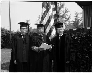 [Haruo Oguro, Takeichi Goto, Toshi Kubota at California Institute of Technology commencement ceremonies, Pasadena, California, June 7, 1957]