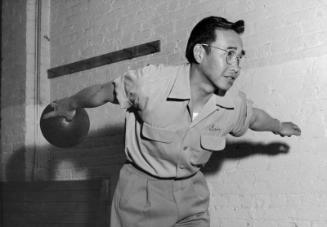 [Bob Mori bowling, California, March 16, 1956]