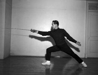 [Torao Mori fencing, California, March 5, 1955]