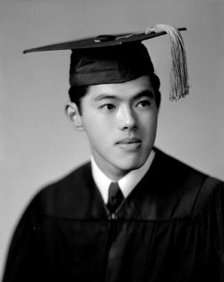 [Art Kato in graduation cap and gown, head and shoulder portrait, Los Angeles, California, May 21, 1955]
