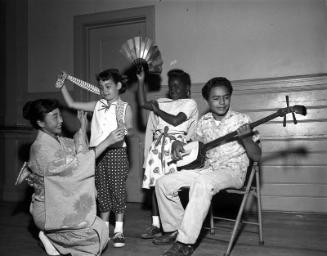 [Azuma Harunobu teaching Japanese dance to children at Friendship Day camp at Griffith Park, Los Angeles, California, July 6, 1955]