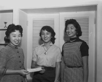[Chi Alpha Delta Alumnae scholarship award presentation to Joy Oshiki at Grace Murakami's home, California, October 14, 1955]