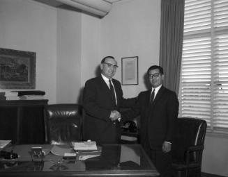 [Joe Yasaki and Attorney General Pat Brown at State Building, Los Angeles, California, February 6, 1958]
