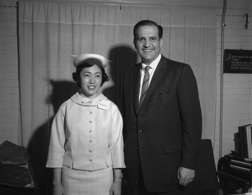 [Margaret Ohara and Sheriff Peter J. Pitchess at  Los Angeles Sheriff's office for Girl's Week in Government, Los Angeles, California, March 19, 1958]