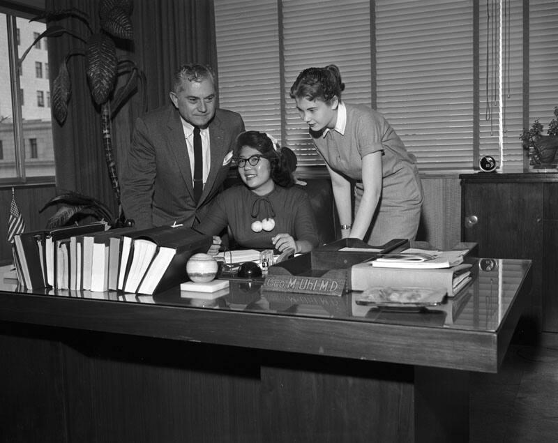 [Joyce Ryono at Dr. Uhl's office for Girl's Week in Government, California, March 1958]