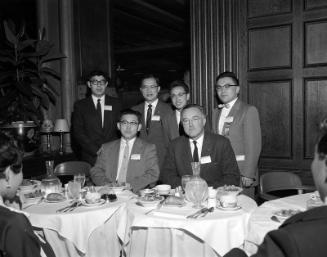 [Alpha Iota Pi fraternity welcomes five Nisei delegates at Biltmore Hotel, Los Angeles, California, April 25, 1958]